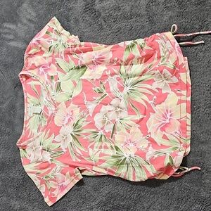 Caribbean Joe Floral Short Sleeve Pullover Shirt V-Neck Waist Ties Size XL